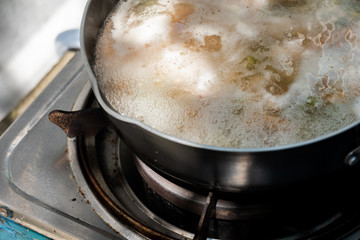 Vegetable rotini pasta soup with pork and carrot