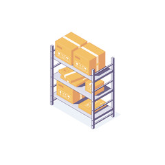 Isometric warehouse box equipment rack pallet and shelf. 3d boxes pallets goods racking shelving vector illustration