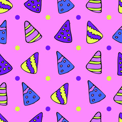 Festive colored caps on a pink background seamless pattern. For holiday, print, Wallpaper, fabric, website, design.