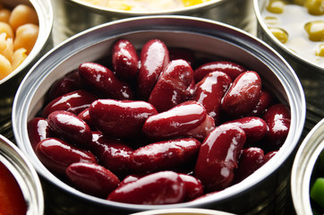 Canned red kidney beans in just opened tin can. Non-perishable food