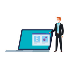 man searching covid 19 information online in laptop computer vector illustration design
