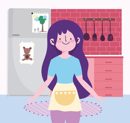 girl with fridge cutlery in the kitchen