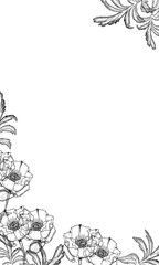 Pattern of leaves and flowers poppys black and white on a white background. Greeting card. 