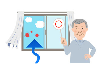 丸ばつクイズの札を持ったおじいちゃんと窓を開けて換気するとカーテンが揺れるベクターイラスト