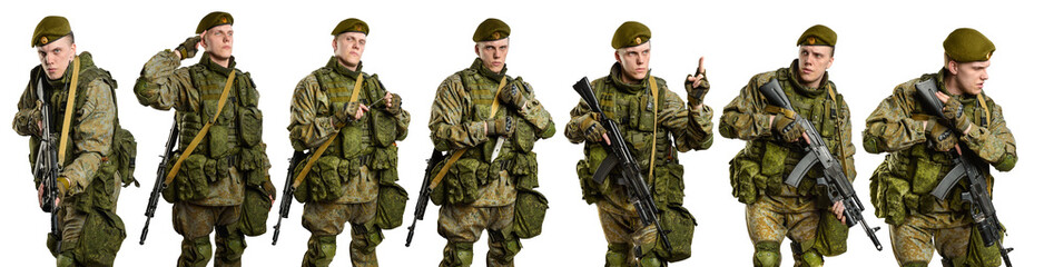 Collage of male Russian officer in mechanized infantry uniform isolated with clipping path on white...