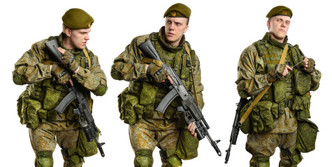 Male Russian officer in mechanized infantry uniform isolated with clipping path on white...