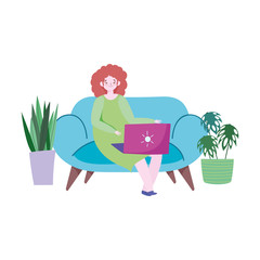 working remotely, young woman work with laptop on sofa with potted plants