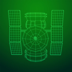 Space station communications satellite. Wireframe low poly mesh vector illustration.