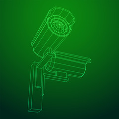 Modern video camera. Webcam viewing area. Safety, security concept. Wireframe low poly mesh vector illustration.