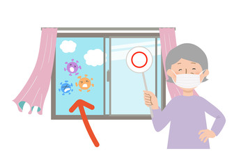 丸の札を持ってマスクをするおばあちゃんと窓を開けて換気するとカーテンが揺れるベクターイラスト