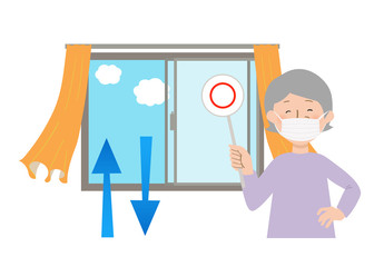 丸の札を持ってマスクをするおばあちゃんと窓を開けて換気するとカーテンが揺れるベクターイラスト