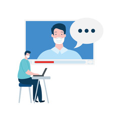 men using face mask in video conference vector illustration design
