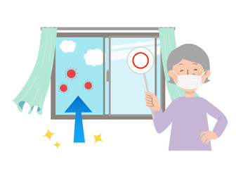 丸の札を持ってマスクをするおばあちゃんと窓を開けて換気するとカーテンが揺れるベクターイラスト