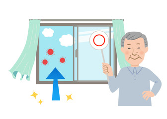 丸ばつクイズの札を持ったおじいちゃんと窓を開けて換気するとカーテンが揺れるベクターイラスト