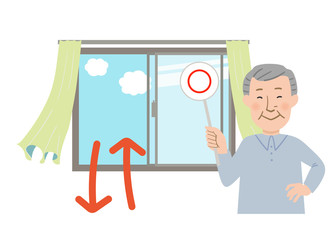 丸ばつクイズの札を持ったおじいちゃんと窓を開けて換気するとカーテンが揺れるベクターイラスト