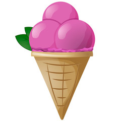 Ice cream pink in a cone. Mint and three balls.