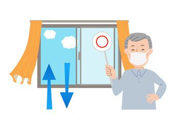 丸の札を持ってマスクをするおじいちゃんと窓を開けて換気するベクターイラスト