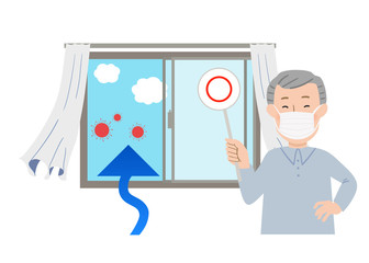 丸の札を持ってマスクをするおじいちゃんと窓を開けて換気するベクターイラスト
