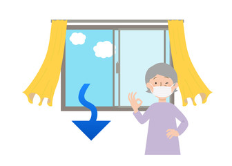マスクをしたおばあちゃんと窓を開けて換気するベクターイラスト