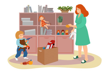 Mom and son are cleaning in the children's room. Family together do cleanliness. A babysitter wipes the dust in the closet. The child collects toys in a box. Vector in a flat style.
