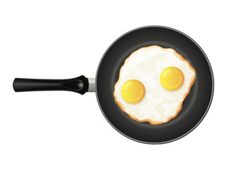 eggs on frying pan on white background. Tasty breakfast. Isolated object on a white background. Cartoon style. Object for packaging, advertisements, menu. Vector illustration.