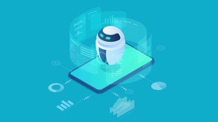 Isometric Robot Bot operating virtual HUD interface Artificial Intelligence Automation Process Technology and engineering Data Analysis machine learning 4K video concept. - Powered by Adobe