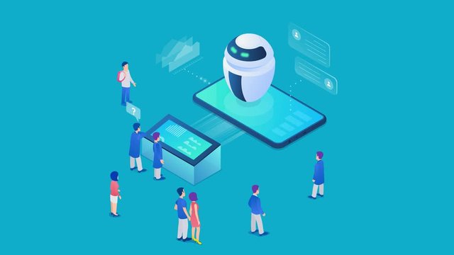 Robot chat bot talking to customers Isometric concept Artificial intelligence neural network  technology 4K video