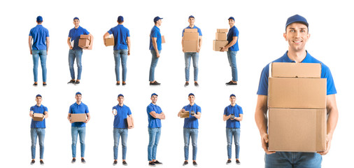 Set of handsome delivery men on white background