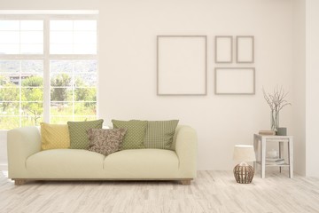 White living room with sofa and summer landscape in window. Scandinavian interior design. 3D illustration
