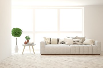 White living room with sofa. Scandinavian interior design. 3D illustration