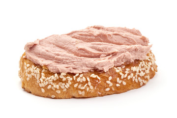 Sandwich with homemade chicken liver pate, isolated on white background