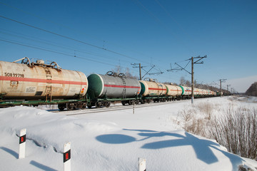 Samara, Russia, Chapaevsk-February, 2018: railway train with tanks for liquid cargo transportation.