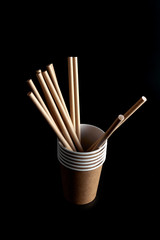 Disposable tableware made of environmental materials. Eco-friendly cookware, zero waste production from recycled materials. Paper plates, glasses, cocktail tubes. Wooden forks and knives. 
