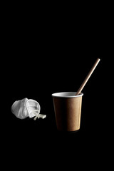 Disposable tableware made of environmental materials. Eco-friendly cookware, zero waste production from recycled materials. Paper plates, glasses, cocktail tubes. Wooden forks and knives. 