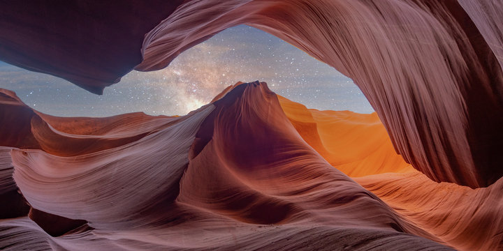 Abstract and structure Antelope Canyon. Stars and milky way. Travel and tourism concept