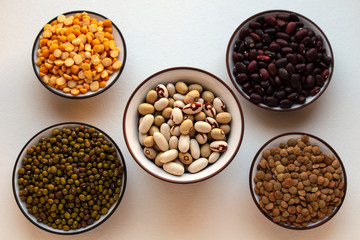 Different types of beans, yellow peas, green mung beans in bowls on a white background