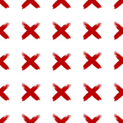Fototapeta na wymiar Seamless vector pattern red crosses with dry brush texture. Isolated graphic strikethrough on a white background. The illustration will perfectly complement your design.