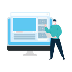 man using face mask with computer vector illustration design