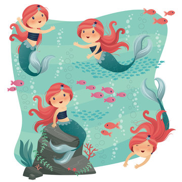 Cute Little Mermaids with Red Hair and Fish Underwater Sea Set Vector Illustration 