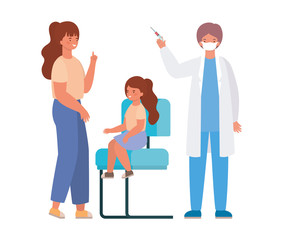 male doctor vaccinating girl and mother vector design