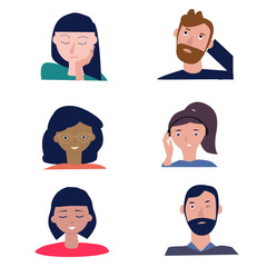 Characters avatars of young men and women, male and female faces avatars in cartoon flat style. Different people, skin, emotions. mood. Can used for websites, social media, poster