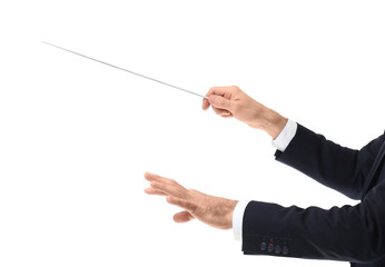 Hands of senior male conductor on white background