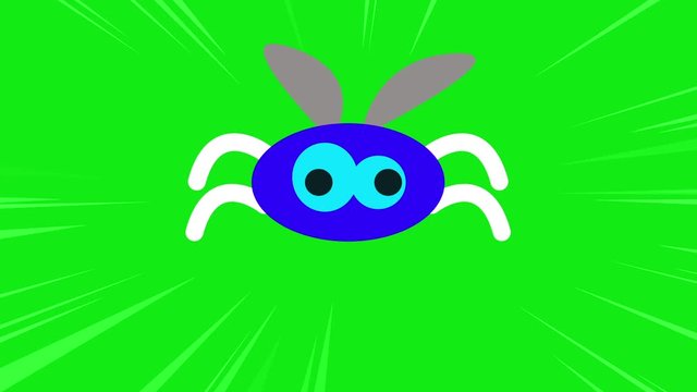 Animation of a blue fly, four white legs and with eyes and wings, with fluttering movements on a green background with speed lines.