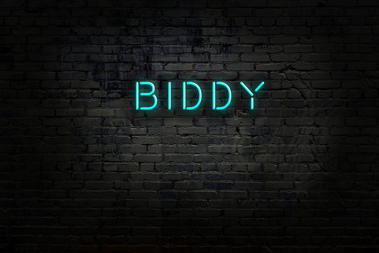 Neon sign with inscription biddy against brick wall