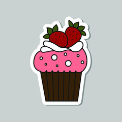 Vector cupcake sticker isolated on gray background. Food design elements for the menu, bakery logo, web, postcards, stickers.