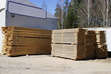 Edged boards in stock, ready for sale. construction materials.