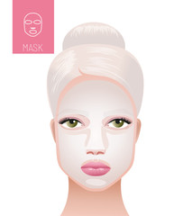 Woman is applying facial sheet mask.Facial sheet mask. Skin care. Cosmetic mask on the face of a beautiful young girl. Vector realistic illustration isolated on white background.	