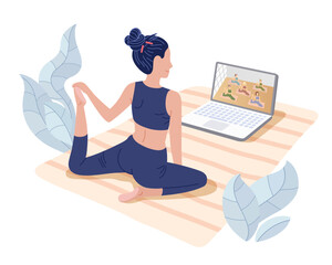 Yoga studios streaming online classes. Girl watching online sport tutorials on a laptop and working out at home. Concept illustration isolated on white.