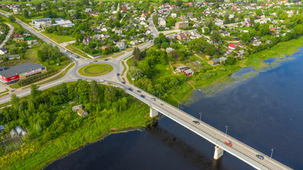 Beautiful panoramic aerial view photo from flying drone over the Jekabpils and Krustpils city bridge. Jēkabpils, Krustpils, Latvija (Series)
