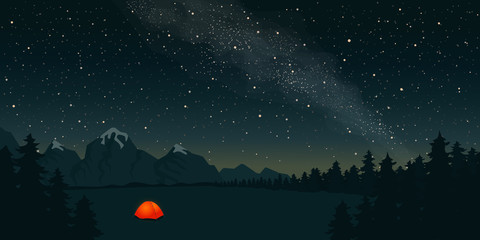 Orange tent with a burning light inside stands in a clearing under the starry sky.  On the horizon mountains and forest. Concept of a beautiful starry night sky and the Milky Way. Vector illustration